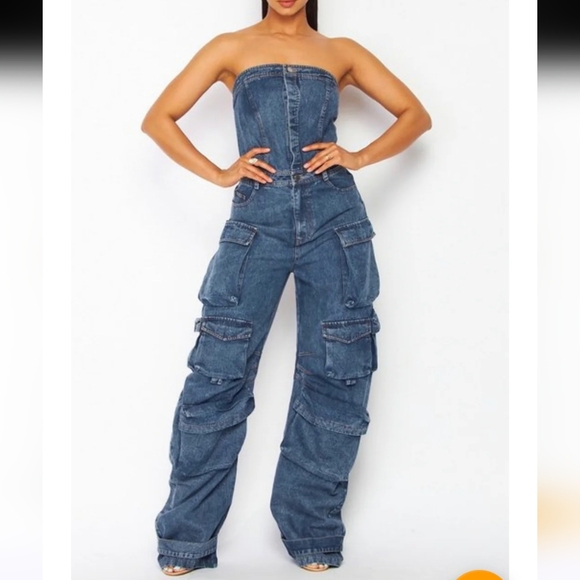 NWT Womens Loragal Denim Strapless Cargo Jumpsuit - Picture 2 of 10